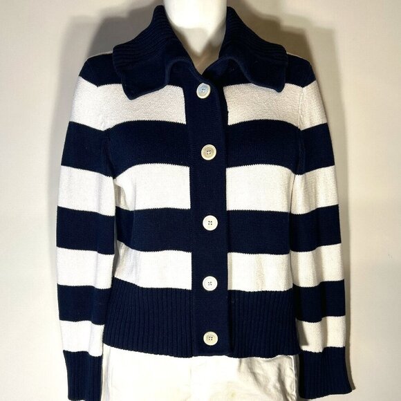 Chaps SZ L Navy & White Boxy button front cardigan Wardrobe Staple 80's Nautical - Picture 1 of 11